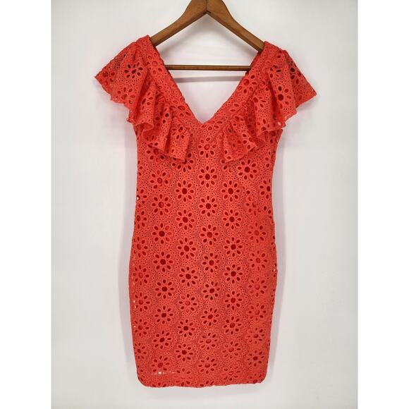 Trina Turk Neriah Coral Eyelet Lace Ruffle Mini Dress 2 - Picture 2 of 8